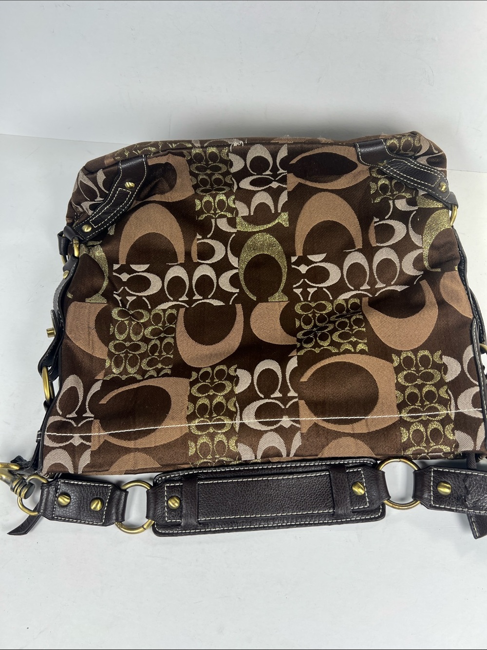Coach Brown Signature Patchwork Canvas Shoulder Bag with Gold Accents